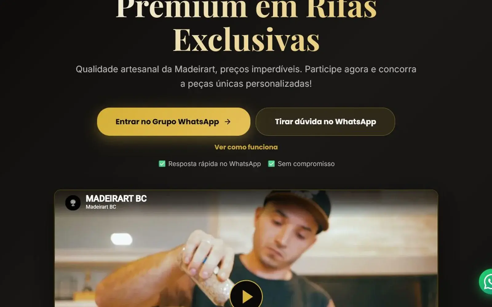 Landing page da Madeirart com chamada para tábuas de madeira premium