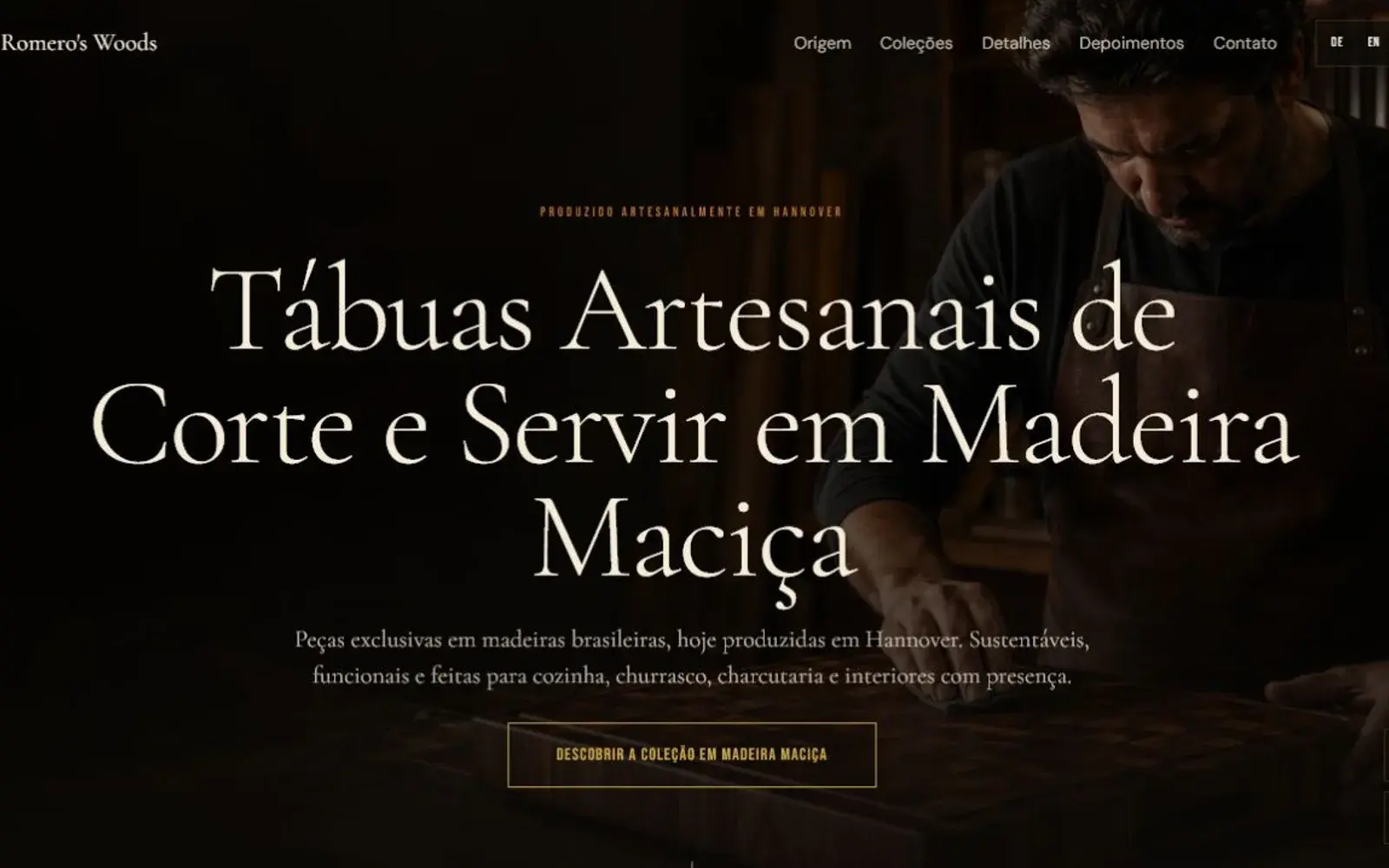 Página inicial da Romero's Woods com uma tábua artesanal de madeira maciça